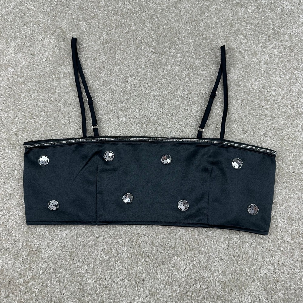 Nasty Gal Collection Black Satin Sequin Crop Top Cami US 2 Y2K Party Festival